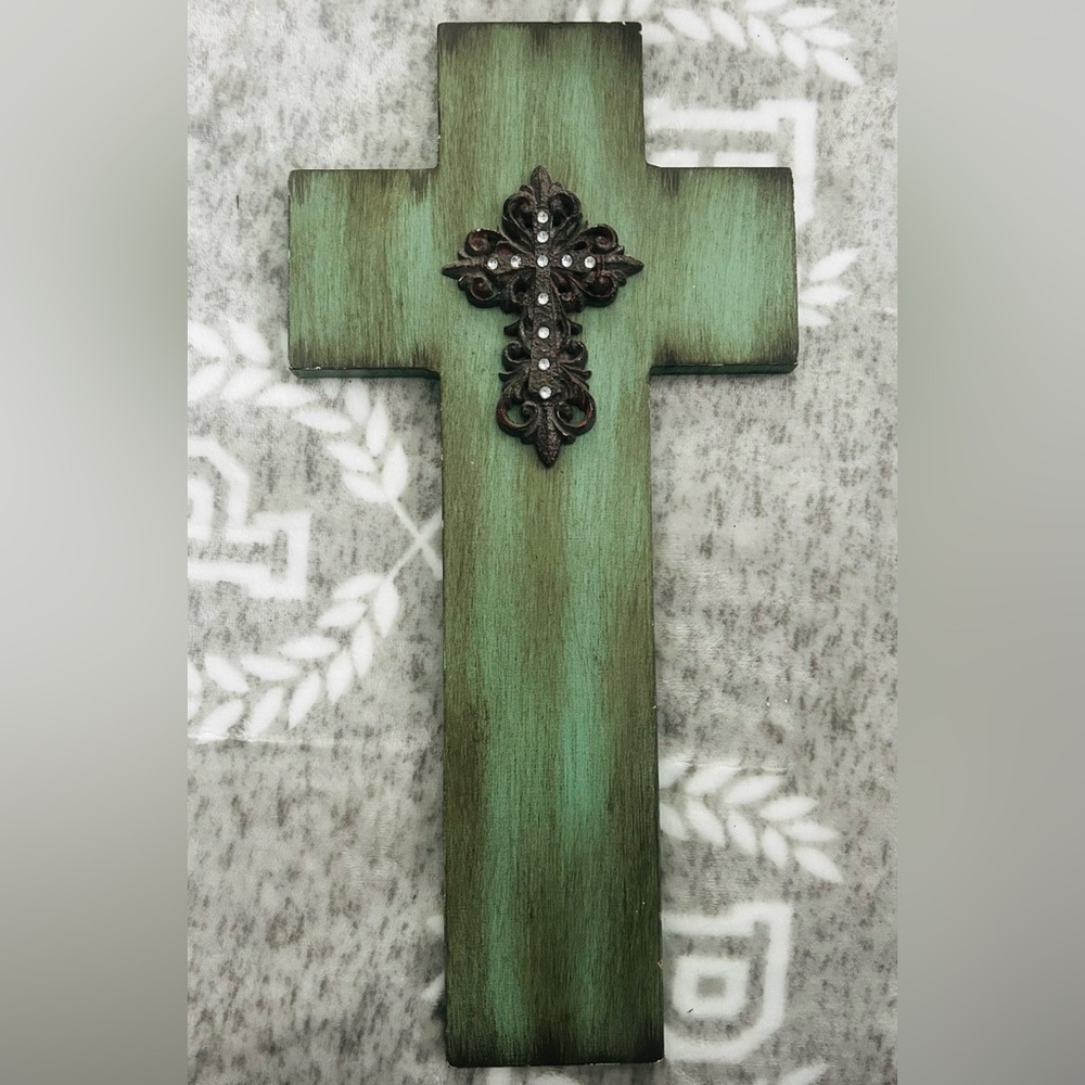 Decorative Rustic Wood & Iron Cross with Embellished Center